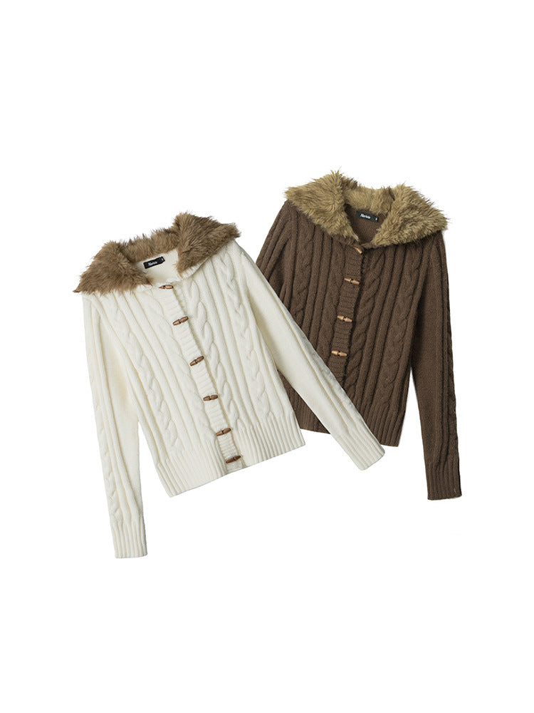 Women's Hooded Knit Cardigan with Faux Fur Collar - Cropped Cosy Sweater Jacket, Cream or Coffee Brown, S-L - Amora