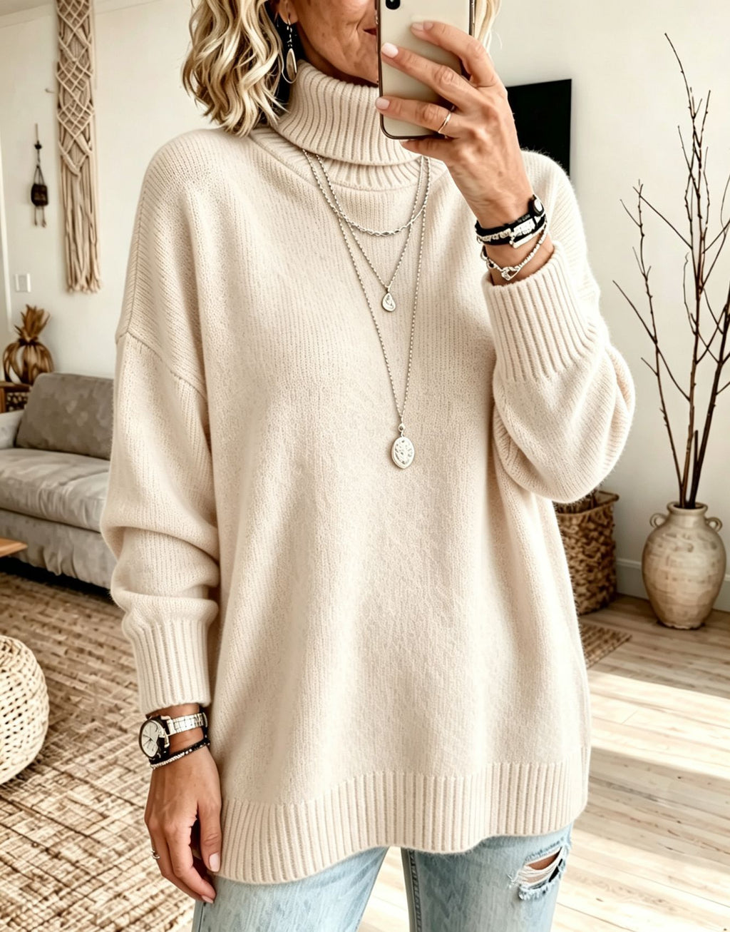 Women's High Neck Knit Sweater - Thick Loose Fit Pullover, Black, Grey & Emerald, S-3XL - Amora