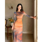 Women's Tie-Dye Mesh Maxi Dress - Long Sleeve Elastic Waist Printed Dress, Orange, S-XL - Amora