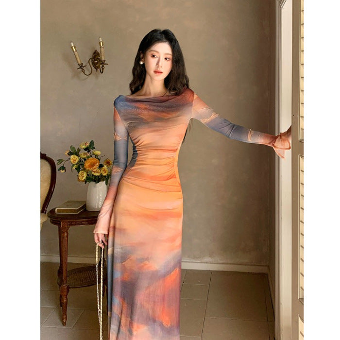 Women's Tie-Dye Mesh Maxi Dress - Long Sleeve Elastic Waist Printed Dress, Orange, S-XL - Amora