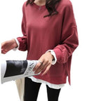 Women's Fleece-Lined Knit Sweater - Faux Two-Piece Layered Pullover, Loose Fit, Black, Wine Red or Grey - Amora