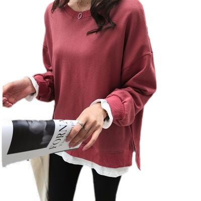 Women's Fleece-Lined Knit Sweater - Faux Two-Piece Layered Pullover, Loose Fit, Black, Wine Red or Grey - Amora