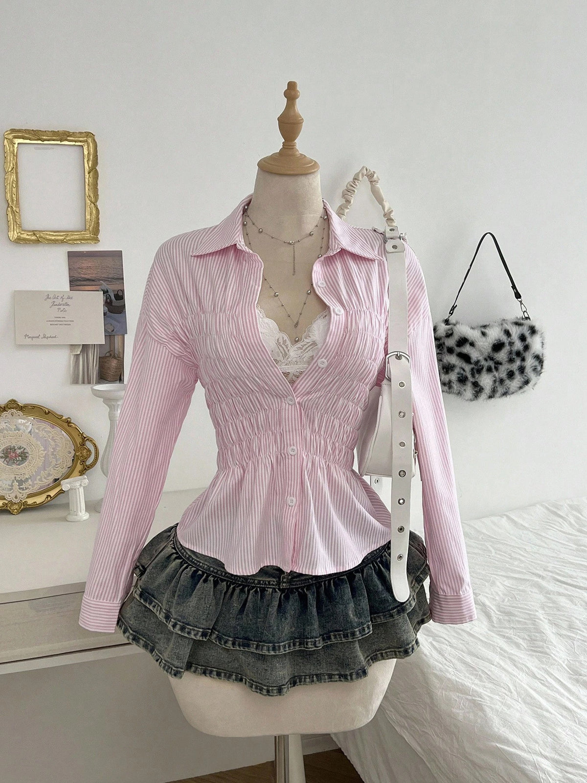 Women's Striped Shirt - Pleated Stand Collar Long Sleeve Shirt, Slim Fit, S-XL - Amora