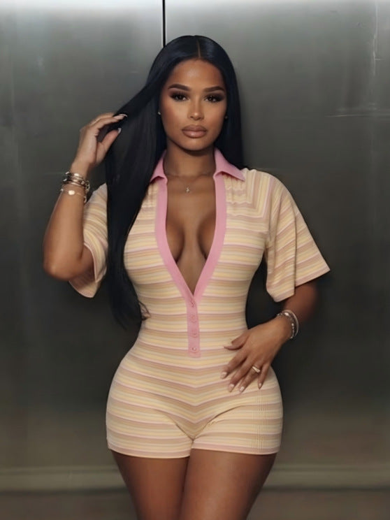 Women's Ribbed V-Neck Playsuit - Slim Fit Short Sleeve Romper, Green, Pink or Black, S-XL - Amora