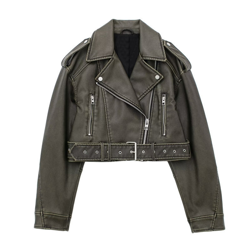 Women's PU Leather Jacket - Washed Lapel Collar Zip-Up Coat, Loose Fit, Eight Colours, XS-XL - Amora