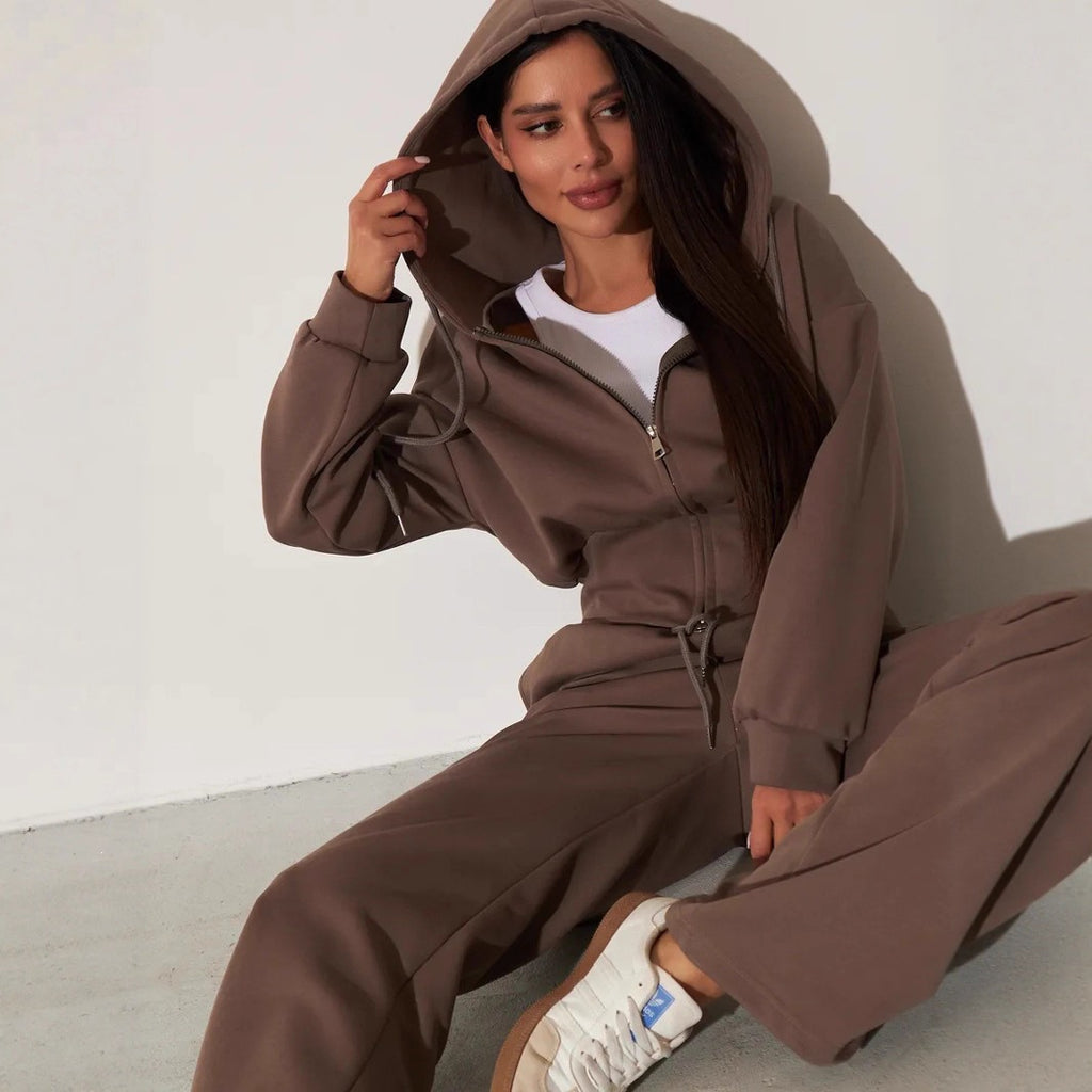 Women's Zip-Up Hoodie and Wide Leg Trouser Set - Drawstring Waist Loungewear, Four Colours, S-XL - Amora