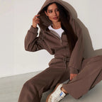Women's Zip-Up Hoodie and Wide Leg Trouser Set - Drawstring Waist Loungewear, Four Colours, S-XL - Amora