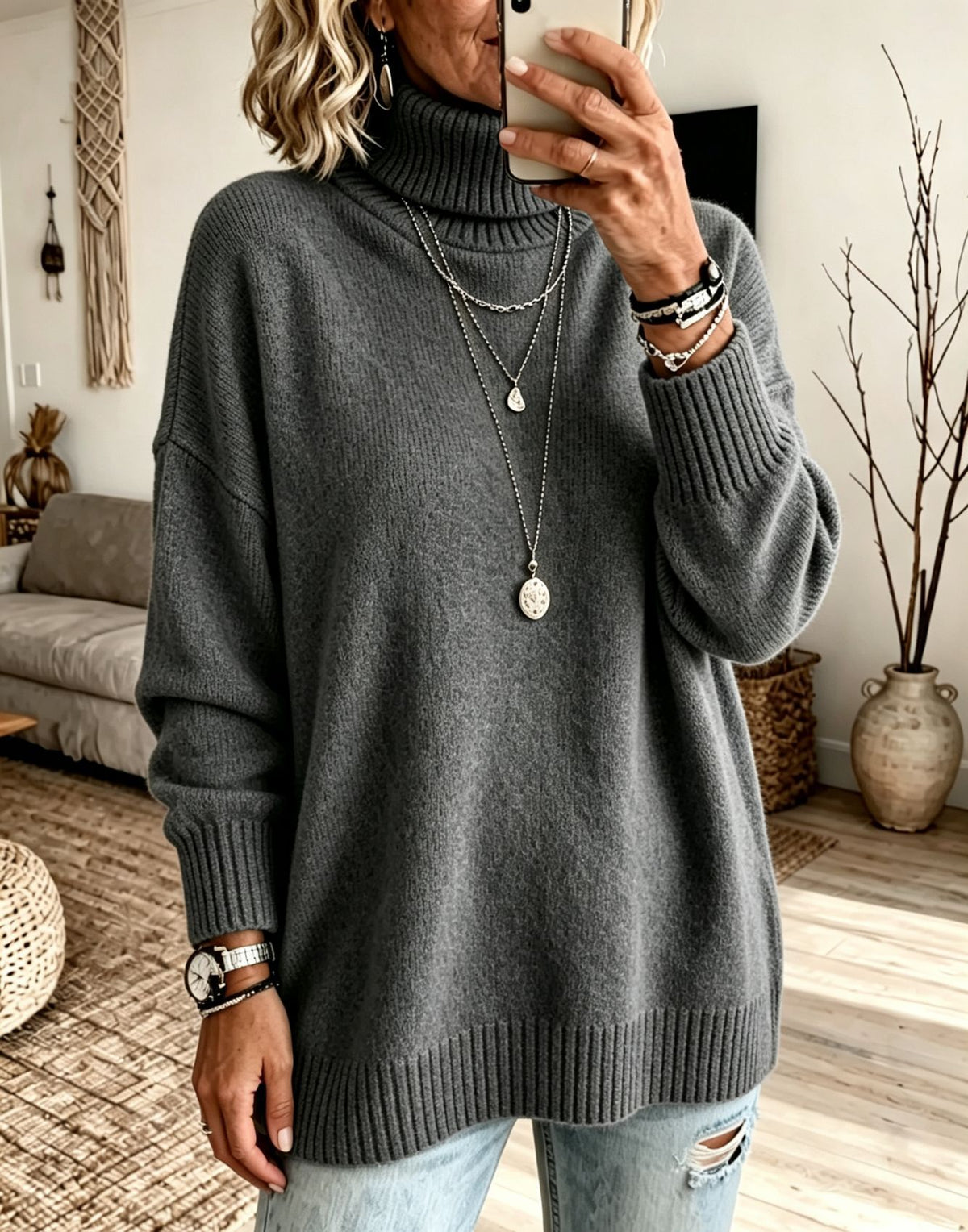 Women's High Neck Knit Sweater - Thick Loose Fit Pullover, Black, Grey & Emerald, S-3XL - Amora