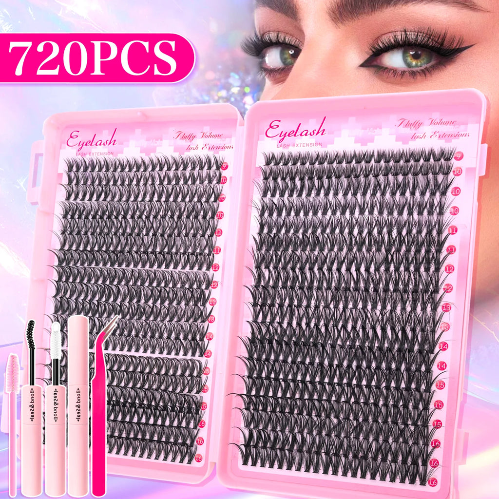 720/200Pcs Eyelash Extension Kit Fluffy Eyelash Extension Kit with Lash Bond and Seal Lash Tweezers Thick Lash Clusters Wispy