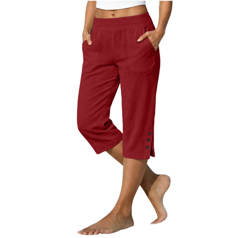 Women's Cotton Linen Cropped Trousers - High Waist Loose Fit Pants with Pockets, Six Colours, XS-5XL - Amora