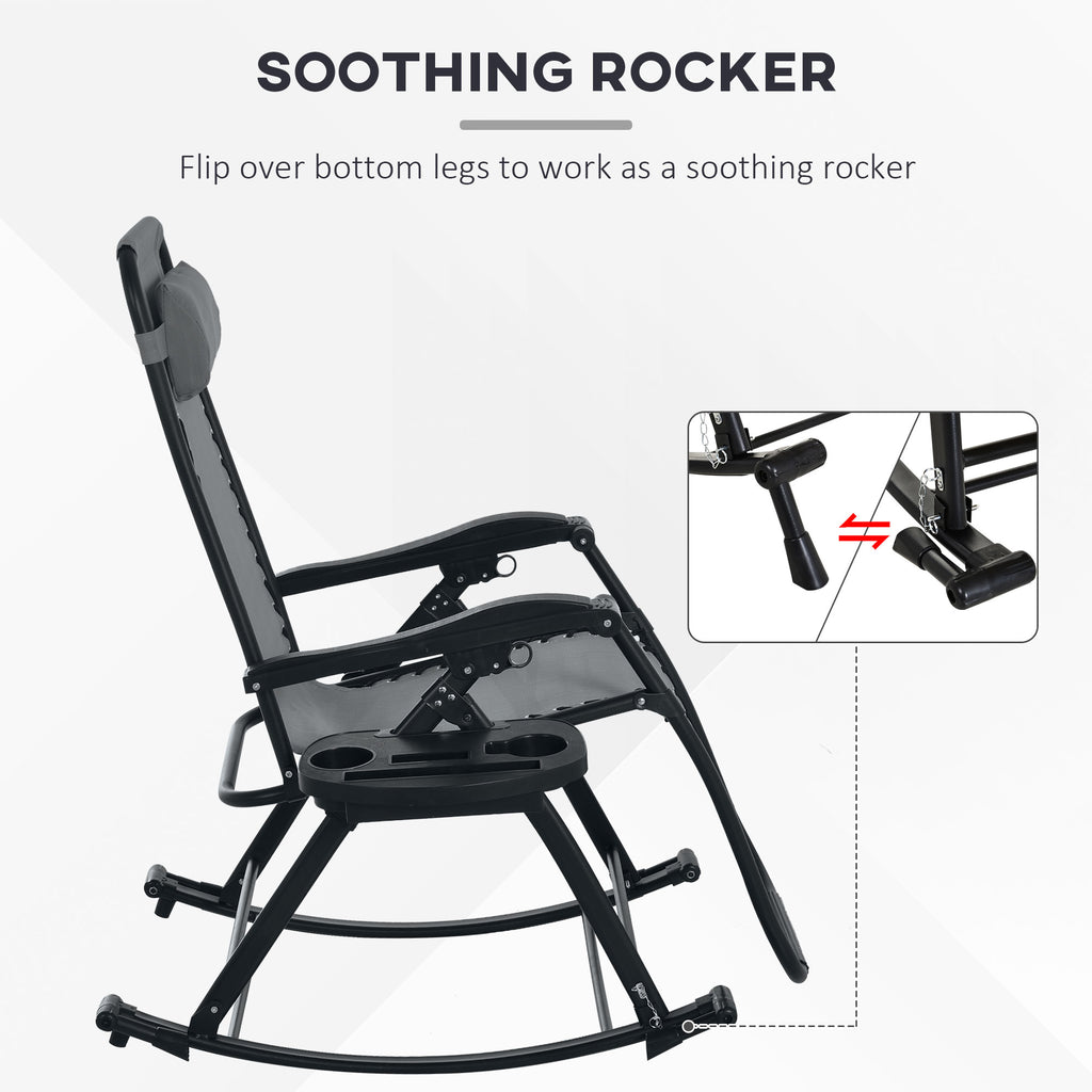 2 Outdoor Rocking Chairs Foldable Reclining Zero Gravity Lounge Rockers W/ Pillow Cup & Phone Holder, Gray