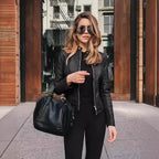 Women's Faux Leather Jacket - PU Stand Collar Slim Fit Blazer Jacket, Twelve Colours, S-5XL - Amora
