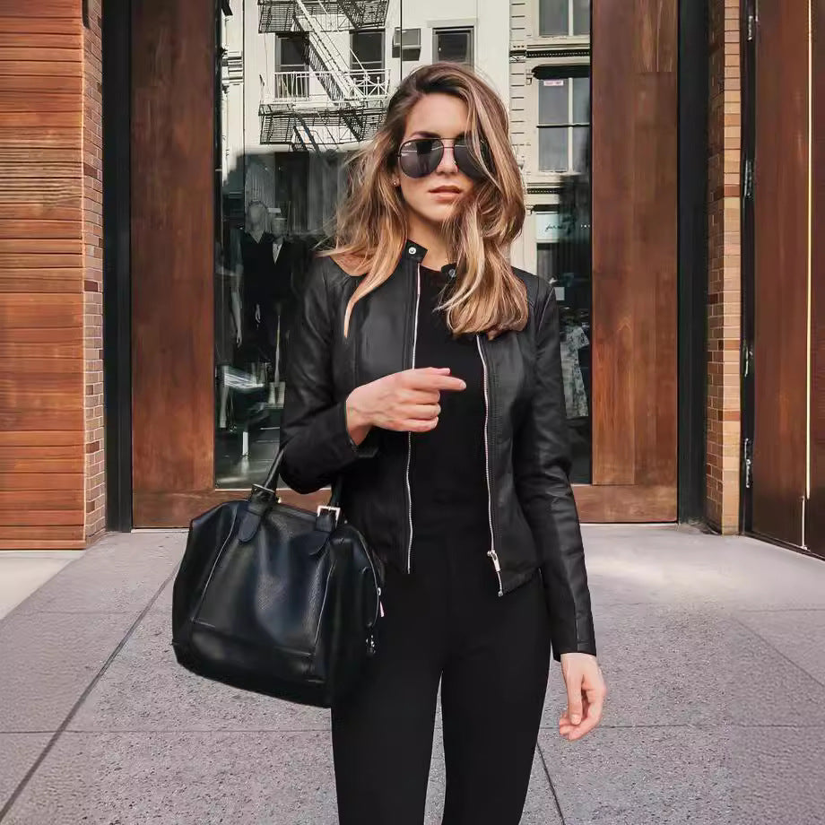 Women's Faux Leather Jacket - PU Stand Collar Slim Fit Blazer Jacket, Twelve Colours, S-5XL - Amora