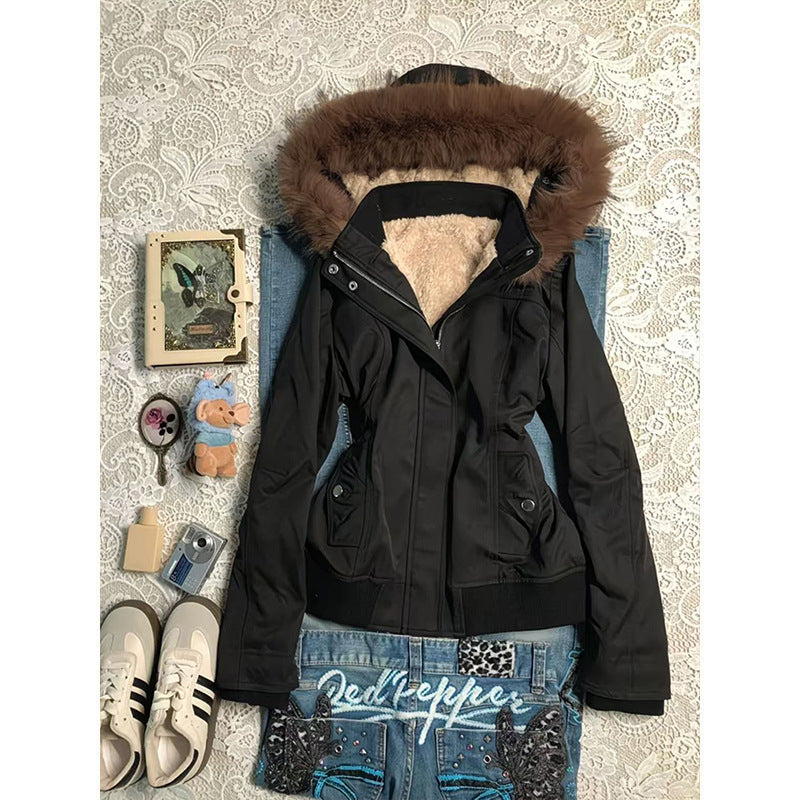 Women's Faux Fur Hood Fleece-Lined Jacket - Retro Colour-Block Zip-Up Winter Coat, Black, S, L or XL - Amora