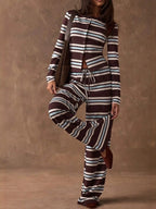 Women's Striped Pyjama Set - Retro Long Sleeve Top and Wide Leg Trousers, Five Colours, S-XXL - Amora