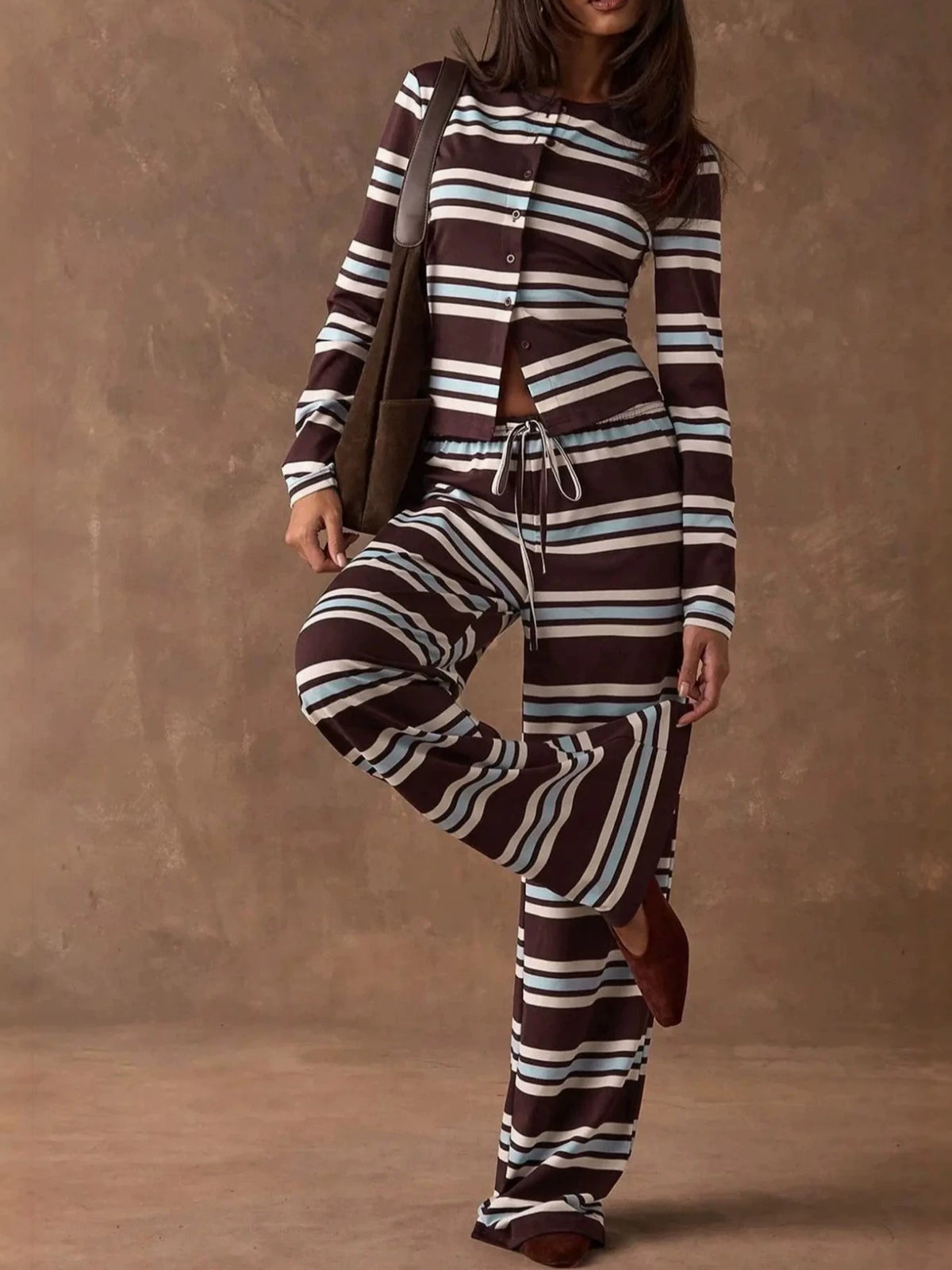 Women's Striped Pyjama Set - Retro Long Sleeve Top and Wide Leg Trousers, Five Colours, S-XXL - Amora