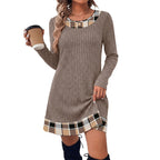 Women's Casual Long Sleeve Dress - Contrast Patchwork Short Knit Dress, Loose Fit, S-XXL - Amora