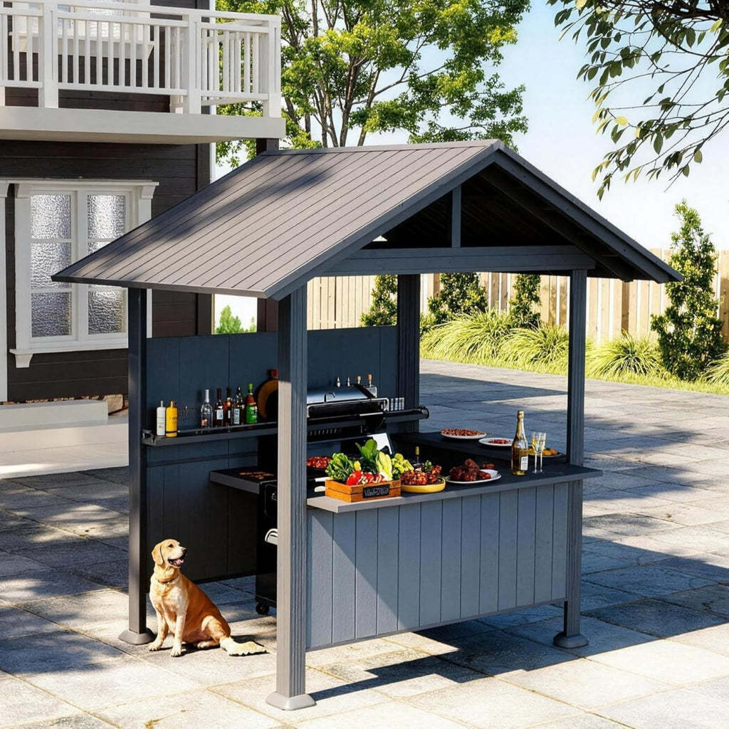9.4X6.2 FT Hardtop Grill Gazebo, Gable Outdoor Grill Gazebo with Storage Shelves & Resin Shade System, Galvanized Steel Metal Hard Top Gazebo for Patio Garden -Grey