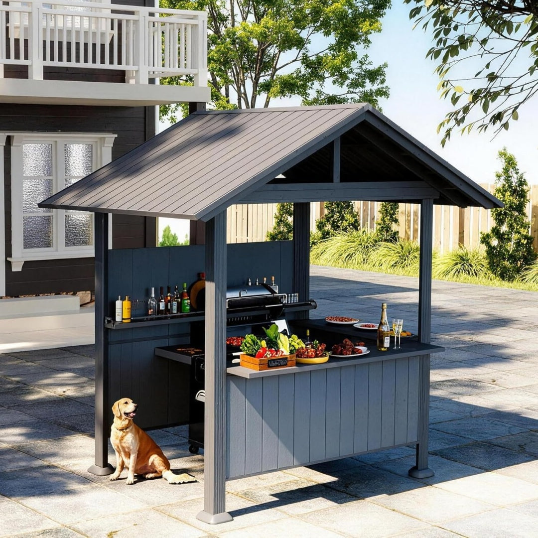 9.4X6.2 FT Hardtop Grill Gazebo, Gable Outdoor Grill Gazebo with Storage Shelves & Resin Shade System, Galvanized Steel Metal Hard Top Gazebo for Patio Garden -Grey
