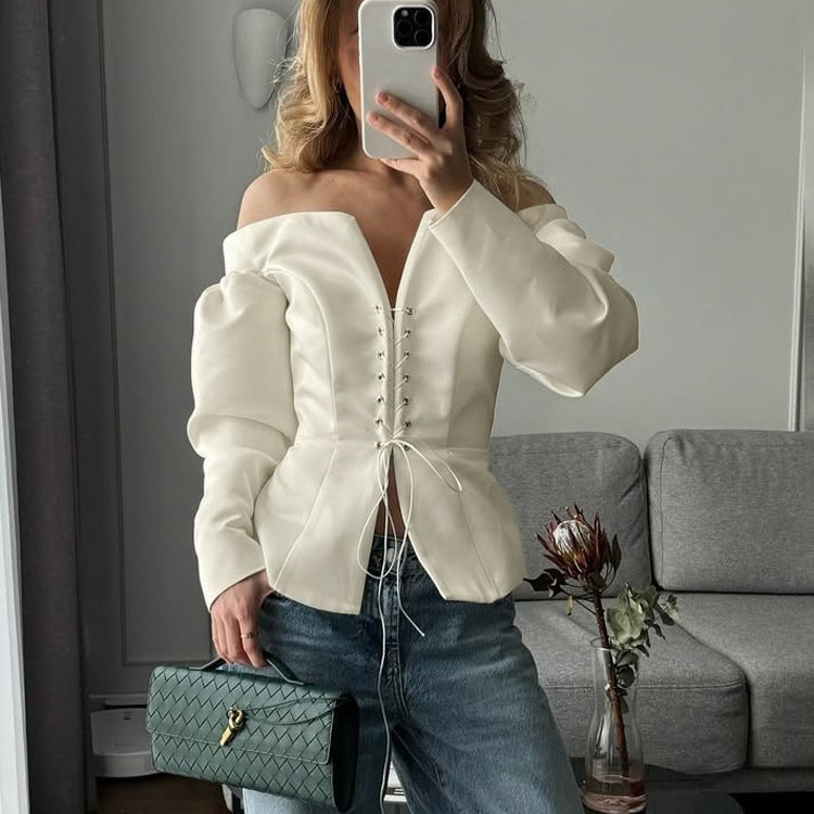 Women's One Shoulder Lace-Up Knit Top - Stretch Long Sleeve Asymmetric Top, Beige, S-L - Amora