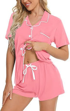 Women's Lapel Collar Loungewear Set - Short Sleeve Top and Shorts Pyjamas, Navy, Pink or Peach, XS-3XL - Amora