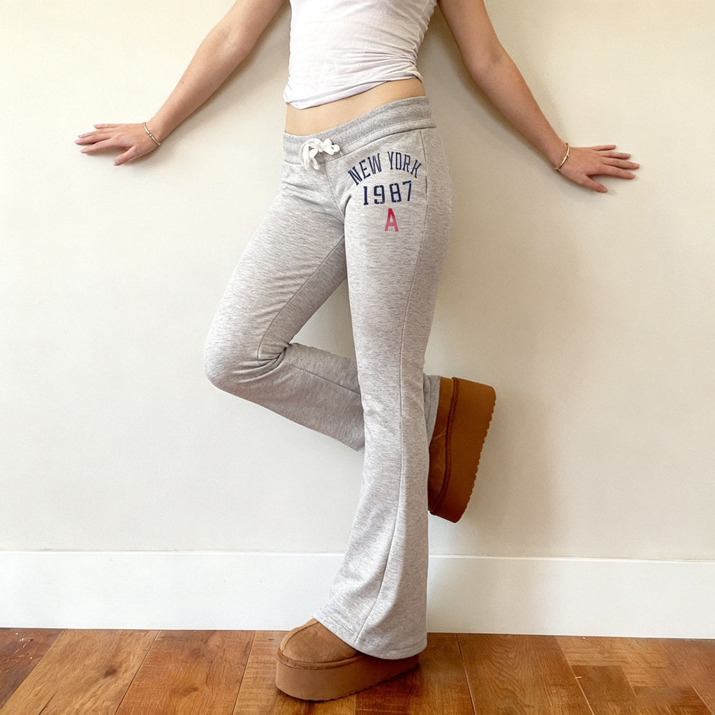 Women's Low Rise Flared Trousers - Lace-Up Front Stretch Pants, Grey or Dark Blue, S-XL - Amora