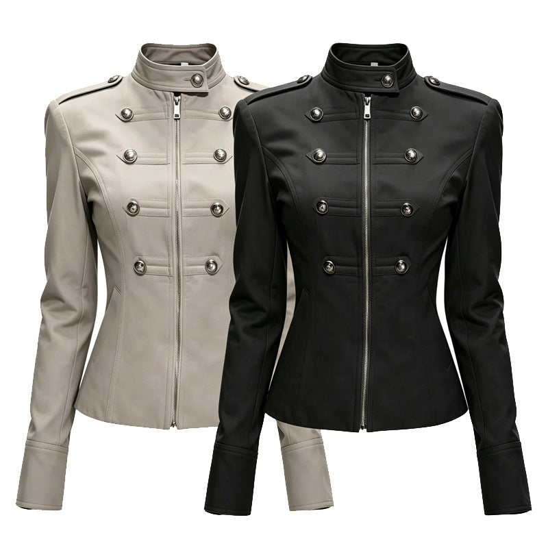 Women's Double-Breasted Stand Collar Coat - Retro Waist-Cinching Jacket with Metal Buttons, Khaki or Black, XS-L - Amora