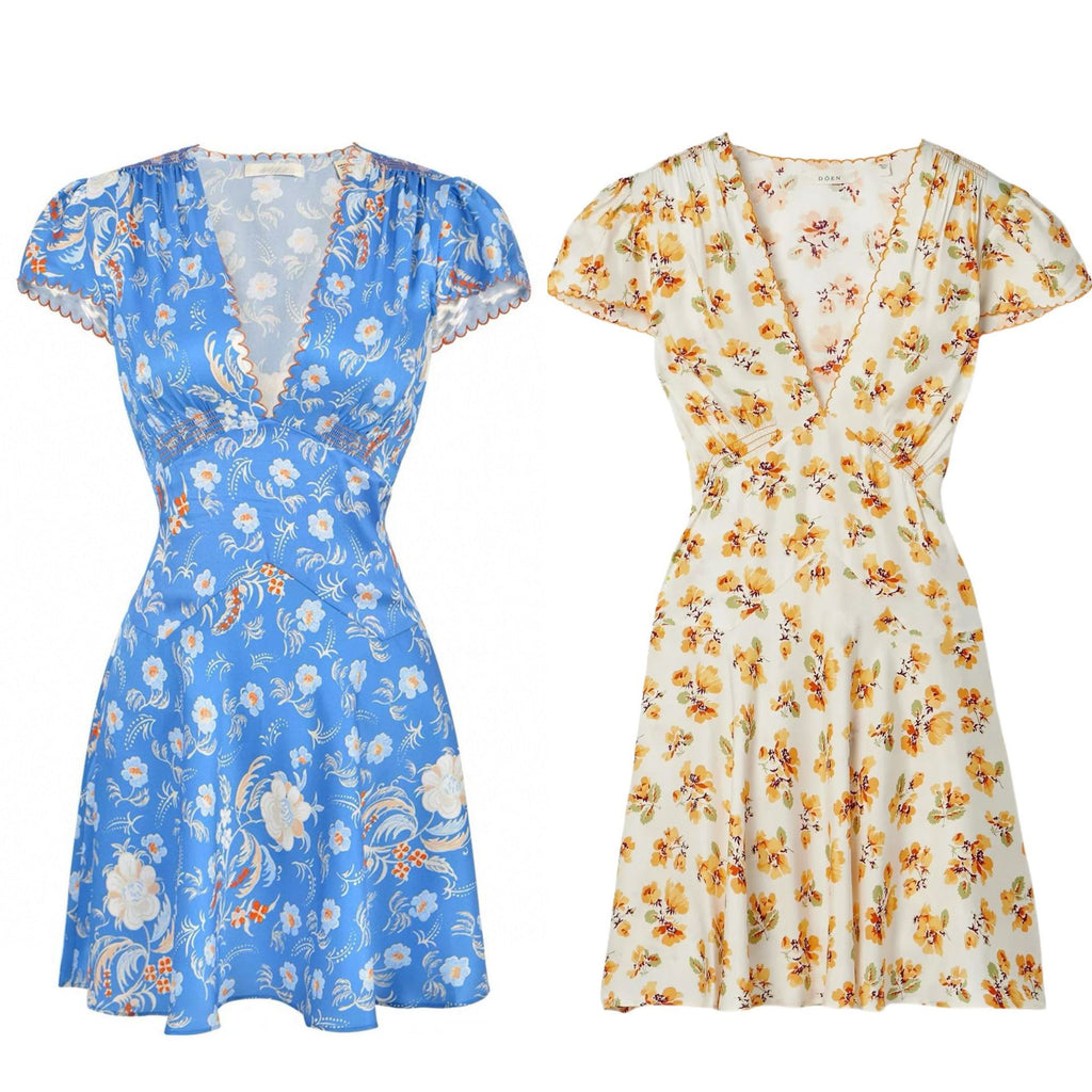 Women's Mulberry Silk Dress - Floral Print Deep V A-Line Knee Length Dress, S-L - Amora