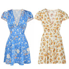 Women's Mulberry Silk Dress - Floral Print Deep V A-Line Knee Length Dress, S-L - Amora