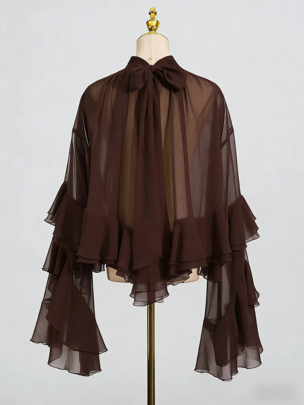 Women's Mesh Bell Sleeve Blouse - Ruffle Trim Half Turtleneck Top, Off-White, Brown or Black, S-XL - Amora