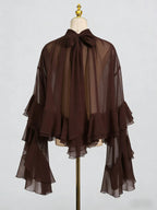 Women's Mesh Bell Sleeve Blouse - Ruffle Trim Half Turtleneck Top, Off-White, Brown or Black, S-XL - Amora