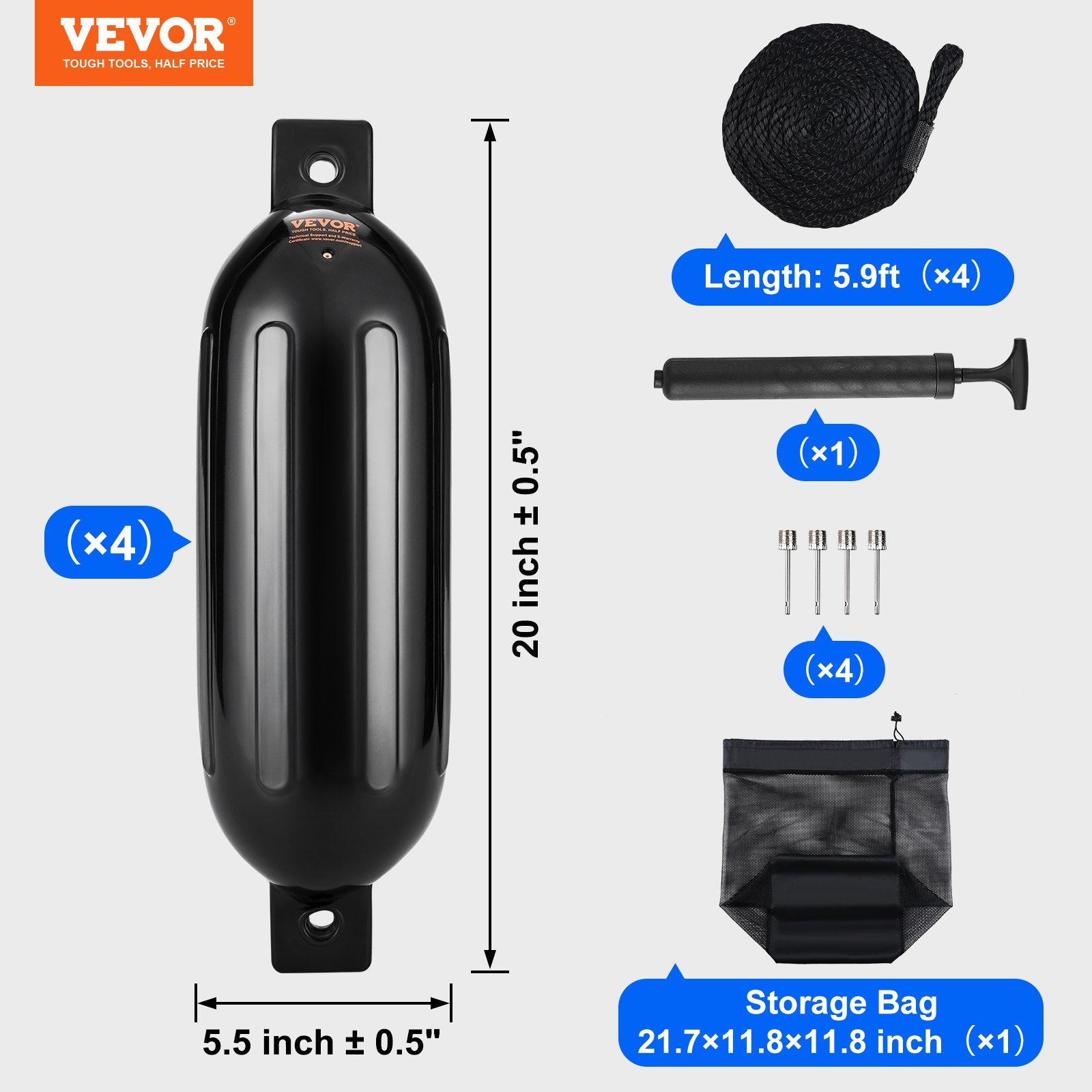 Boat Fenders, 5.5 X 20 Boat Bumpers for Docking, Inflatable Ribbed Fender with Center Holes, Marine Boat Dock Fender Bumper with Air Pump, 4 Needles and 4 Ropes and Storage Bag, Black