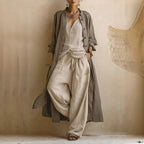 Women's Shirt and Wide Leg Trouser Set - Minimalist Two Piece, Apricot or Dark Brown, S-3XL - Amora