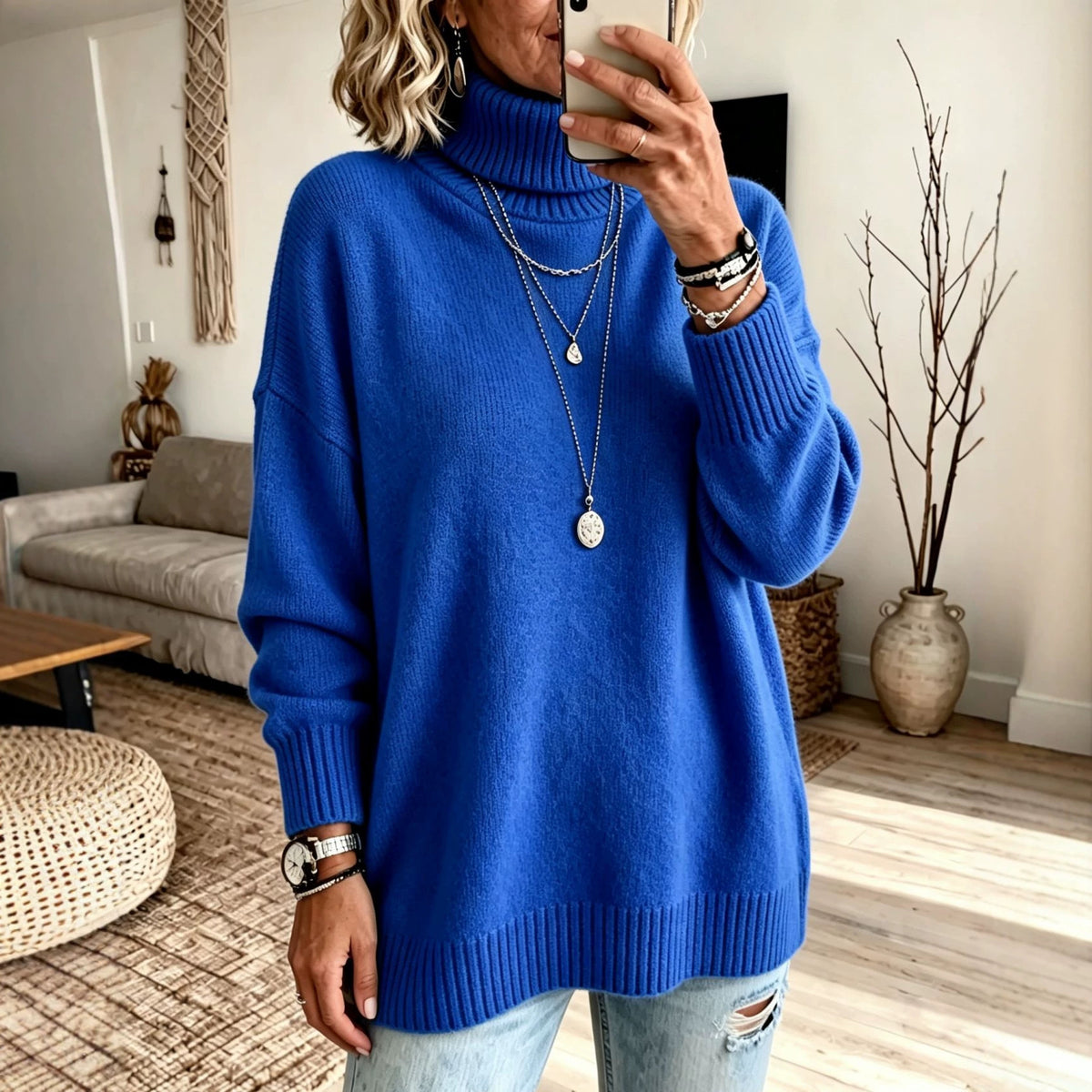 Women's High Neck Knit Sweater - Thick Loose Fit Pullover, Black, Grey & Emerald, S-3XL - Amora