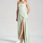 Women's Slit Maxi Dress - Sleeveless Waist-Cinching Column Dress, Green, Navy or Brown, S-3XL - Amora