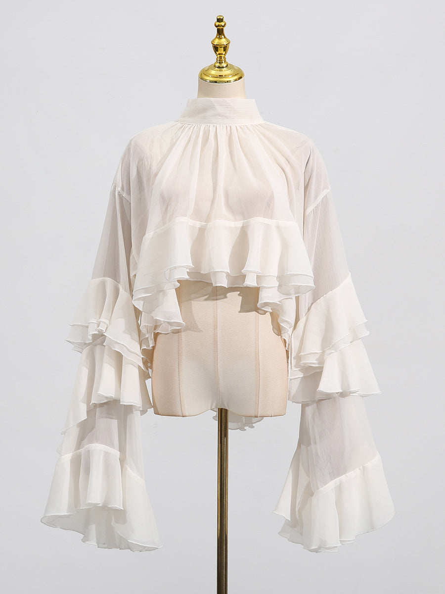 Women's Mesh Bell Sleeve Blouse - Ruffle Trim Half Turtleneck Top, Off-White, Brown or Black, S-XL - Amora