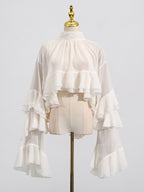 Women's Mesh Bell Sleeve Blouse - Ruffle Trim Half Turtleneck Top, Off-White, Brown or Black, S-XL - Amora