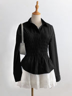 Women's Striped Shirt - Pleated Stand Collar Long Sleeve Shirt, Slim Fit, S-XL - Amora