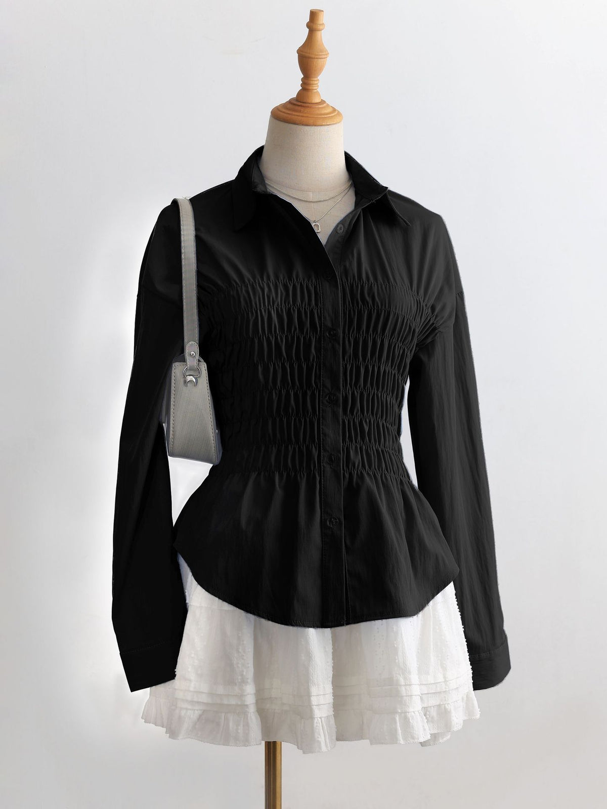 Women's Striped Shirt - Pleated Stand Collar Long Sleeve Shirt, Slim Fit, S-XL - Amora