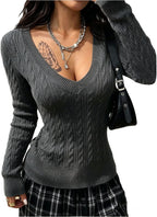 Women's Cable Knit V-Neck Sweater - Slim Fit Pullover, Soft Textured Knit, Black, White & Grey, S-XL - Amora