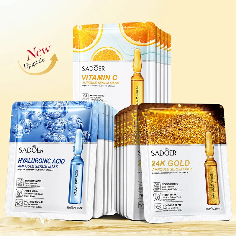 15Pcs  24K Gold Vitamin C Hyaluronic Acid Facial Masks for Face Moisturizing Firming Hydrating Face Mask Facial Skin Care