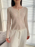 Women's Waffle Knit Floral Blouse - Button Front Cropped Top, White, One Size - Amora