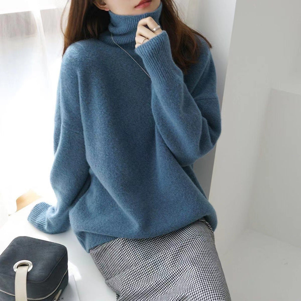 Women's Wool Blend Turtleneck Sweater - Thick Loose Knit Winter Pullover, Camel, Navy & Grey, XS-XL - Amora