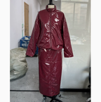 Women's PU Leather Two Piece Set - Stand Collar Jacket and High Waisted Skirt, Red or Brown, S-L - Amora