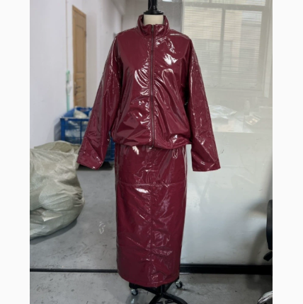 Women's PU Leather Two Piece Set - Stand Collar Jacket and High Waisted Skirt, Red or Brown, S-L - Amora