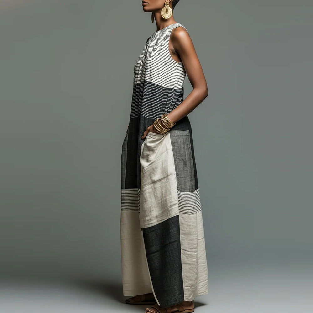 Women's Patchwork Maxi Dress - Sleeveless Colour-Block Loose Fit Dress, S-XXL - Amora