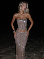 Women's Sequin Maxi Dress - Strapless Slim Fit Party Dress, Silver or Gold, S-XL - Amora
