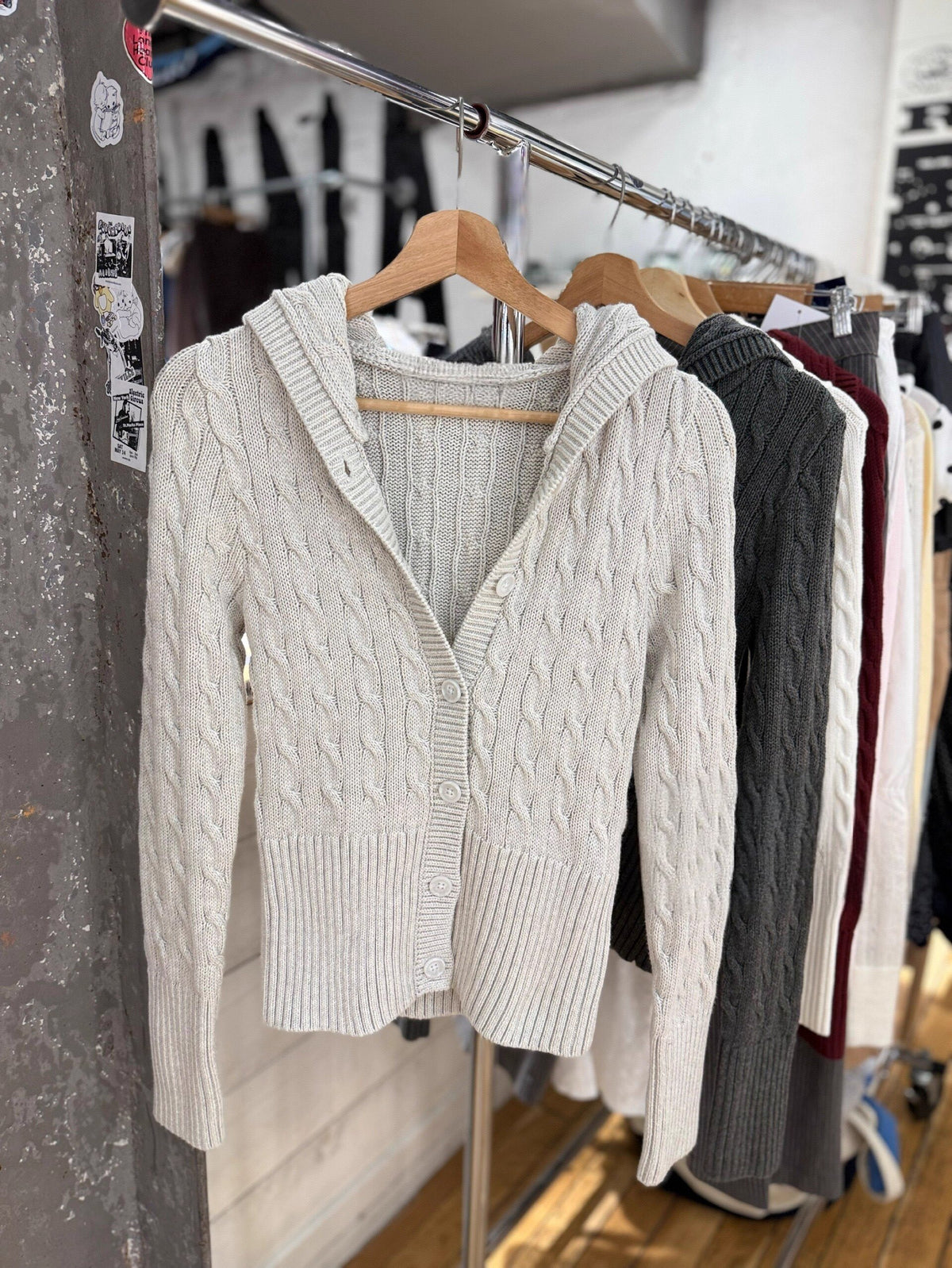 Women's Hooded Cable Knit Cardigan - Button Front Twist Knit Sweater Jacket, Grey, White or Navy - Amora