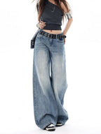 Women's Washed Flared Jeans - High Waisted Wide Leg Denim, Vintage Blue, S-4XL - Amora