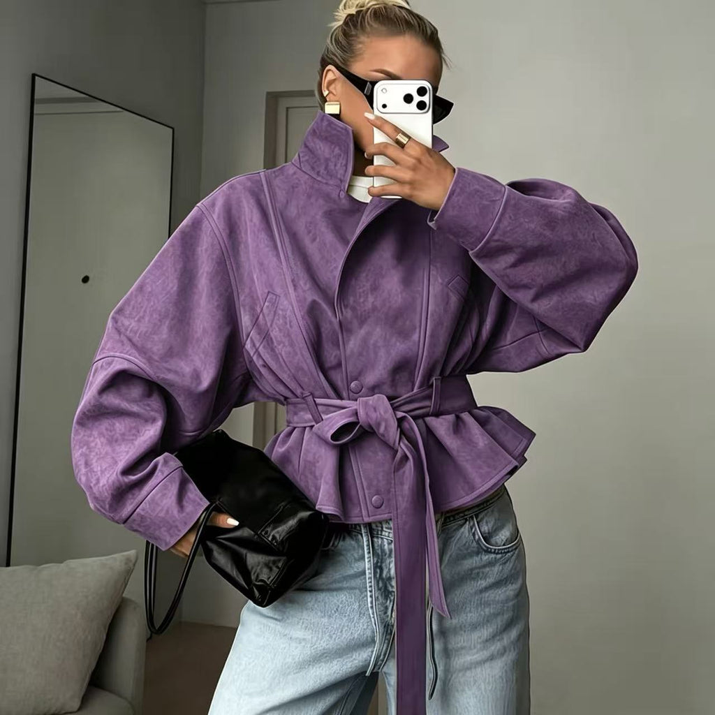 Women's Faux Suede Moto Jacket - Zip-Up Waist-Cinching Jacket, Eight Colours, S-XXL - Amora